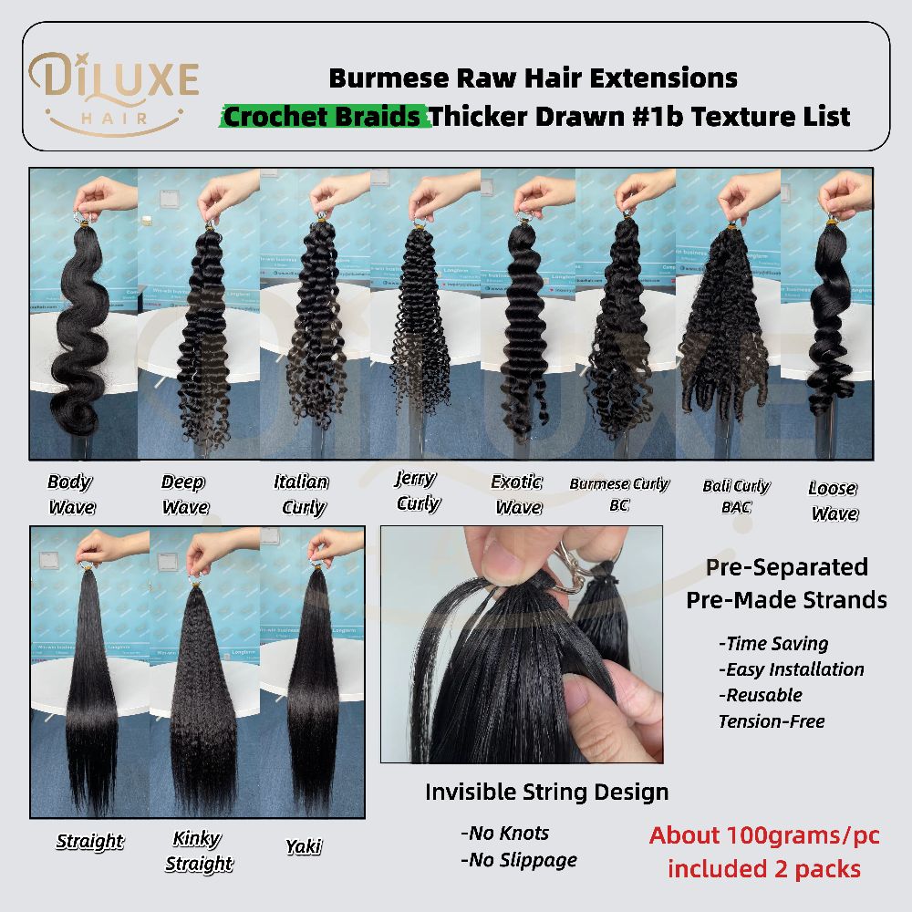 Tresses birmanes brutes au crochet, épaisses, extensions de cheveux #1B 100g
