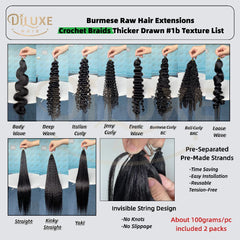Tresses birmanes brutes au crochet, épaisses, extensions de cheveux #1B 100g
