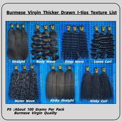 Extensions de cheveux birmanes vierges I-tip plus épaisses tirées #1B 100g