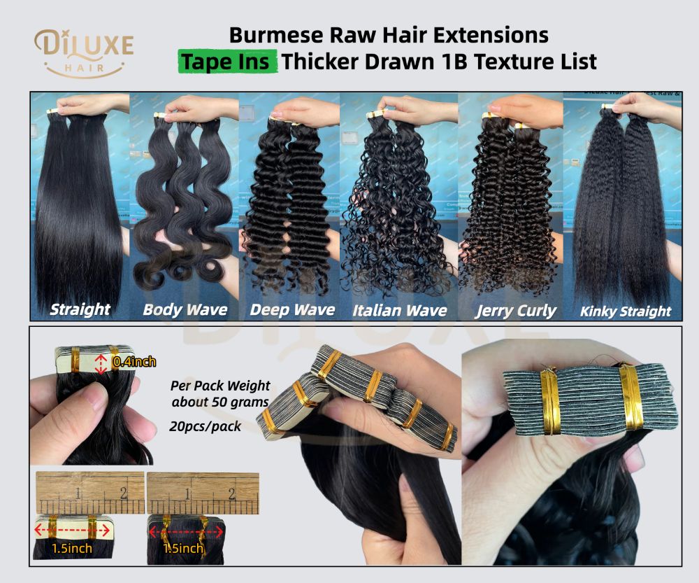 Extensions de Cheveux Brut Birmans à Bandes Adhésives Plus Épaisses et Doublement Étirées #1B 50g