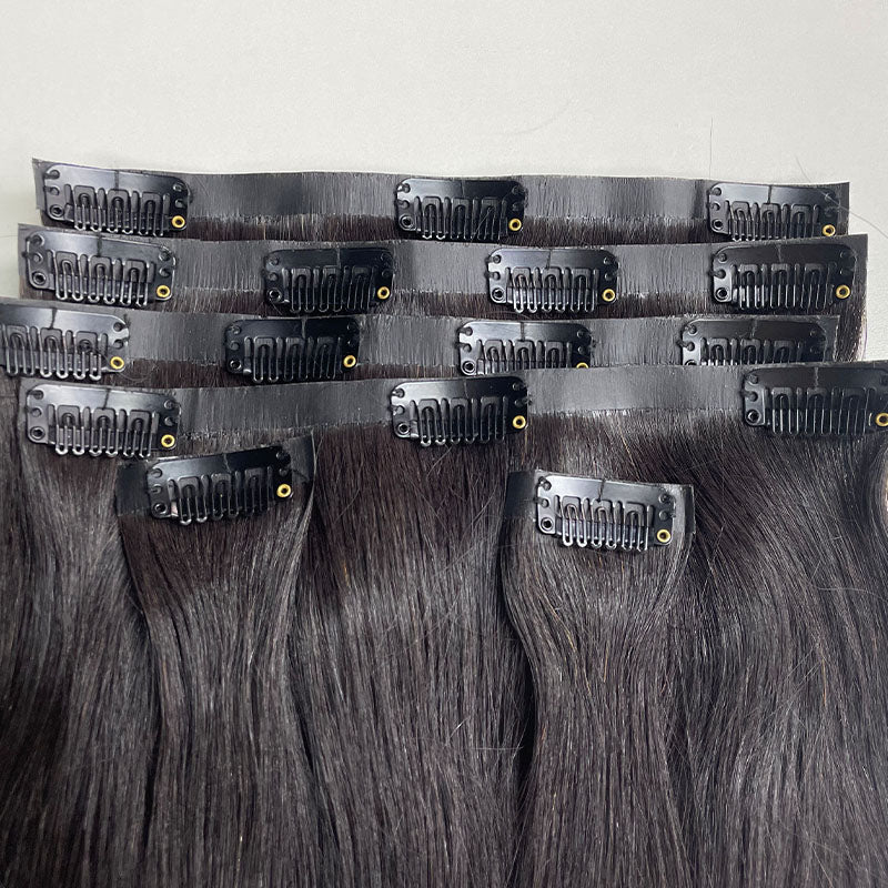 Extensions de cheveux birmanes vierges PU à clipser plus épaisses, étirées, #1B, 110g