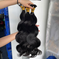 Extensions de cheveux birmanes vierges I-tip plus épaisses tirées #1B 100g