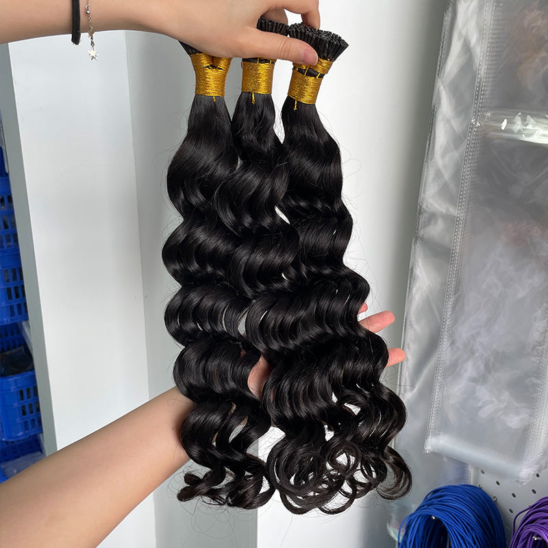 Extensions de cheveux birmanes vierges I-tip plus épaisses tirées #1B 100g